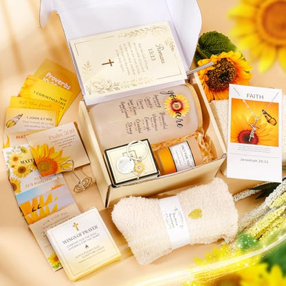13PCS Christian Gifts For Women Faith -Inspirational Religious Birthday Gifts,Sunshine Box Spiritual Baptism Baskets for Her, Mom,Grandma,Wife,Mothers,Friend, Sister Birthday Valentine's Day Gift - color: Sunflower