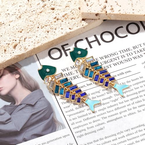 Fish Bone Earrings Drip Oil Animal Earrings Colorful Crystal Sparkly Enamel Earrings Creative Long Fishbone Earstud Dangle Fish Drop Earrings Jewelry for Women - color: Blue