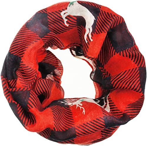 VIVIAN & VINCENT Gift Wrapped Fall Winter Soft Lightweight Holiday Sheer Infinity Christmas Scarf for Women Girls - color: Red Black Buffalo Plaid With Reindeer
