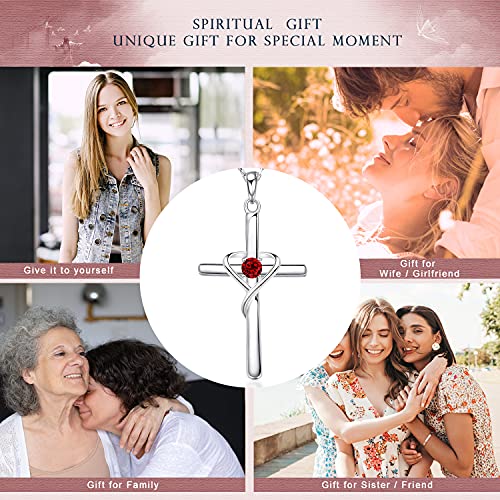 AmorAime 925 Sterling Silver Cross Necklace for Women Men 14K Gold Plated 5A CZ Birthstone Necklaces for Holiday - color: A.Red-Garnet-January
