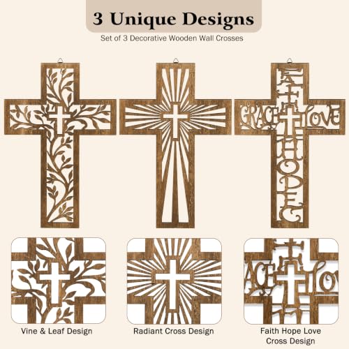 3 Pcs Wooden Cross Wall Decor, 12 Inch Wall Crosses for Christian Home
