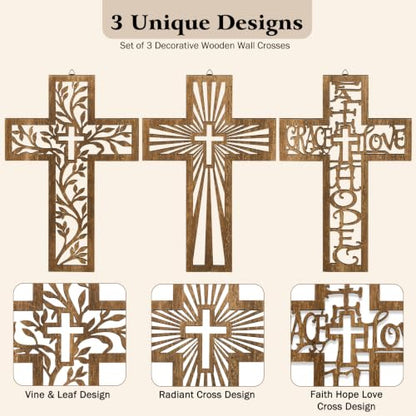 3 Pcs Wooden Cross Wall Decor, 12 Inch Wall Crosses for Christian Home