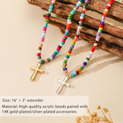 Colorful Beaded Cross Necklace for Girls Women, 14K Gold Plated Pendant Baptism Birthday Christian Religious Confirmation Trendy Stuff Gift 16+3 Inches - color: Gold, style: Bead