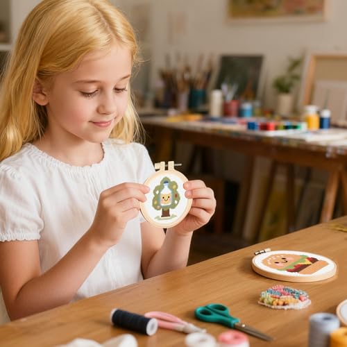 57lilina Easy Embroidery Kit for Kids Beginners, 6 Set Cute Stamped Pattern - color: Tree+Bicycle+Ice Cream+Burger+Car+Candy