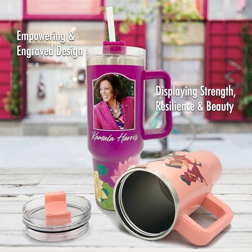 40oz Kamala Harris Tumbler with Floral Design – Stainless Steel Insulated Drinkware for Women, Portrait of Kamala Harris, Handle, Straw, and Twist-On Lid – Leak-Proof Inspirational Gift - color: Kamala Harris
