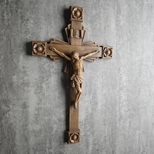BC Catholic Crucifix Wall Cross, Jesus Christ Home Decor, Wood Carve Looking, 12"H, Hand Painted by Buildclassic - color: Wooden