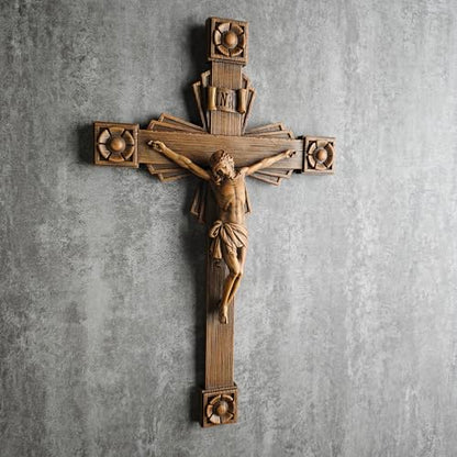 BC Catholic Crucifix Wall Cross, Jesus Christ Home Decor, Wood Carve Looking, 12"H, Hand Painted by Buildclassic - color: Wooden