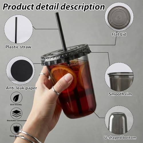 16oz Disposable Stemless Glasses with Flat Lids and Straws,PET Disposable Drinking Cups,Clear Plastic Wine Glasses for Parties Birthday,Wedding,Meeting,Christmas Party Supplies. (100, Black) - color: Black