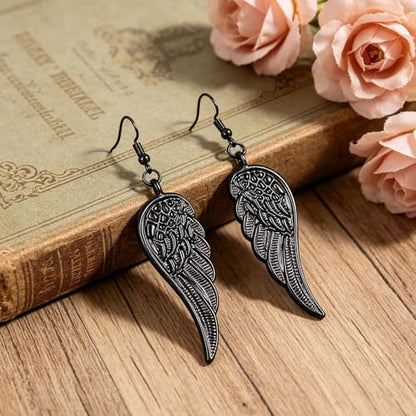 coadipress Angel Wing Earrings for Women Unique Silver Plated Fairy Feather Guardian Dangle Drop Hook Earrings Jewelry - color: Black Light Wing