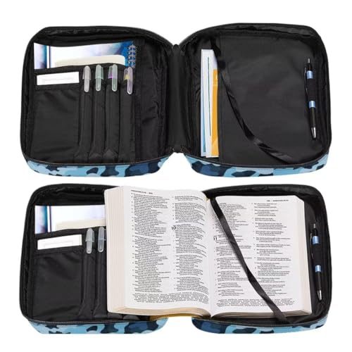 Coldinair Blue Camo Bible Cover for Kids Teen Men Church Bible Protective Book Case with Pen Slot Handle & Zippered Pocket Travel Christian Bible Accessories - color: Blue Camo-1