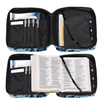 Coldinair Blue Camo Bible Cover for Kids Teen Men Church Bible Protective Book Case with Pen Slot Handle & Zippered Pocket Travel Christian Bible Accessories - color: Blue Camo-1