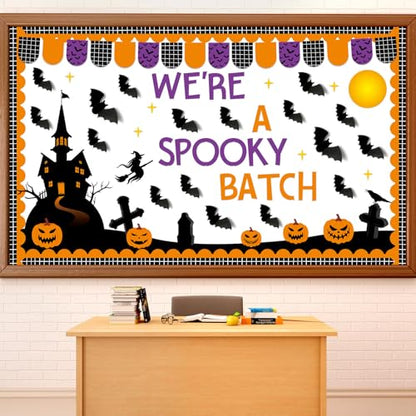 Halloween Bulletin Board Set 3D Halloween Bat Classroom Bulletin Board Pumpkin Castle Witches Paper Cutout Spooky Scary Decoration for Kid Holiday Home School Classroom Wall Chalkboard Decor - style: Halloween