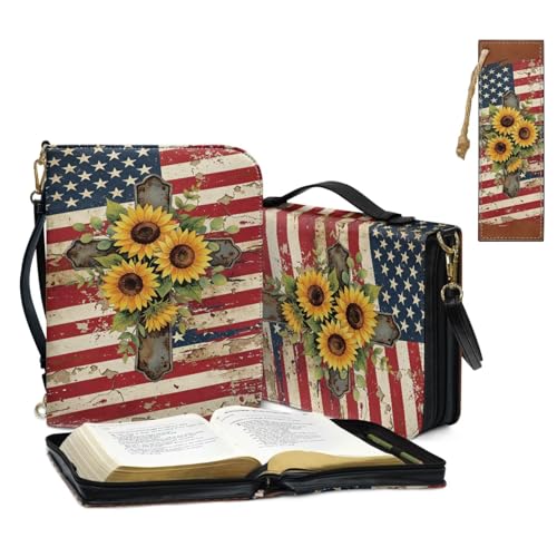 Bible Cover for Women Men with Bookmark and Shoulder Strap Large Leather Bible Case Vintage Bibles Protector - color: American Flag Cross and Sunflower, size: X-Large