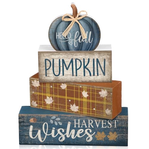 Lineshading 4 Pcs Blue Pumpkin Wooden Block Signs Fall Farmhouse Decor - style: Blue Pumpkin