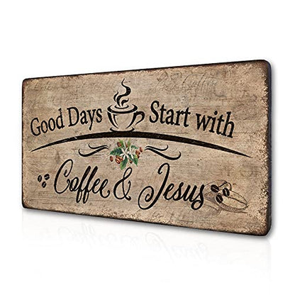 Rustic Wood Plaque Sign,Good Days Start with Coffee and Jesus Wall Decor, Farmhouse Coffee Bar Accessories & Kitchen Wall Art, Christian Gifts for Women Coffee Lovers,Ready to Hang16*8 In