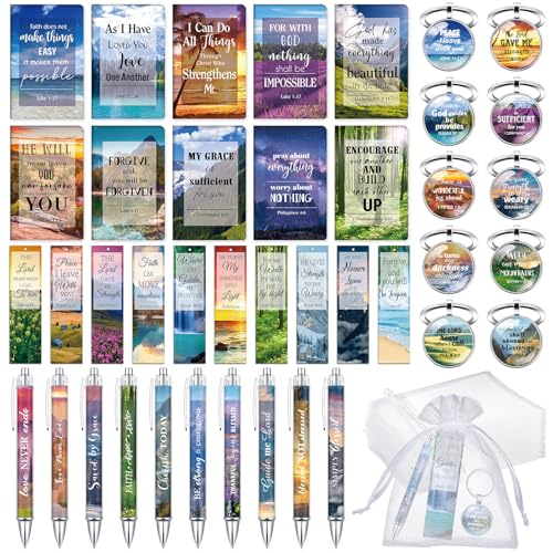 Jetec 150 Bible Verses Gift Set for 30 Christian Bookmarks 30 Scripture Ballpoint Pens 30 Christian Notebooks 30 Bible Verse Keychain 30 White Organza Bags for Women Men Office Church(Scenery) - style: Scenery