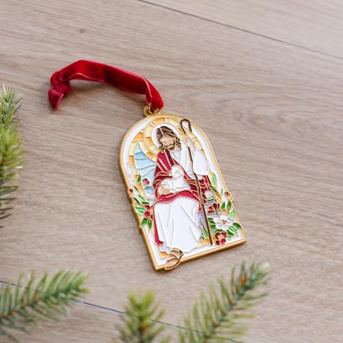 The Good Shepherd Enamel Christmas Ornament – Jesus with Lamb Design, Gold-Trimmed Stained-Glass Style, Red Velvet Hanging Ribbon, Christian Holiday Décor & Gift