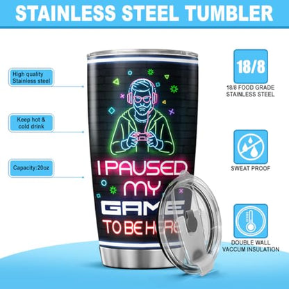 Mode On Insulated Stainless Steel Tumbler, Funny Gaming Cup for Men Boys Teenagers, I Paused My Game to Be Here 20oz Travel Mug for Coffee Water Juice Gift - color: Gamer Life J3
