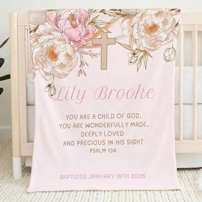Baptism Blankets For Girls, Dedication Blanket Quilt Personalized With Boho Floral Design, Infant Goddaughter Christening Blanket, Communion Throw From Godmother, Bible Verse Coverlet, Baby Dedicatio - color: #Ver15