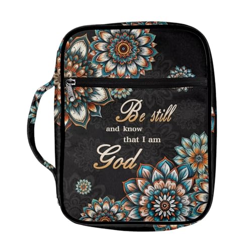 Suobstales Boho Mandala Print Bible Cover Carrying Book Case for Women Men Be Still and Know That I am God Lightweight Bible Bag Bible Protective with Handle and Zippered Pocket - color: Boho Mandala - Be Still and Know That I Am God