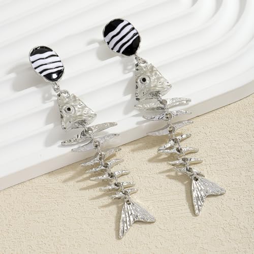 Creative Exaggerated Ocean Animal Drop Dangle Earrings for Women, Bohemia Style Alloy Lobster Octopus Fish Crab Earrings for Summer Beach Holiday Party Jewelry Gifts - style: Silver Fish Bone Earrings