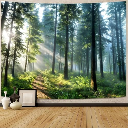 Lunerfex Tyndall Effect Forest Nature Tapestry - Sunlight Streaming Through Trees Wall Hanging for Bedroom and Living Room Decor - 6080 Inches - color: Light Green, size: 80"L x 60"W