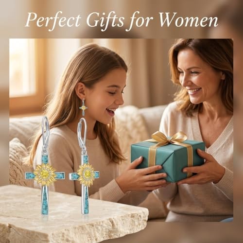 Sunflower Earrings 925 Sterling Silver Genuine Turquoise with Cross Drop Earrings for Women