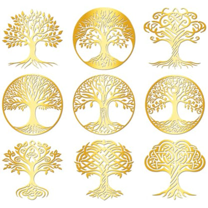 9Pcs Golden Self Adhesive Stickers 4cmx4cm Tree of Life Metal Decal Golden Tree Waterproof Decorate Sticker for Scrapbooks DIY Resin Crafts Phone Water Bottle Decoration - style: tree of life