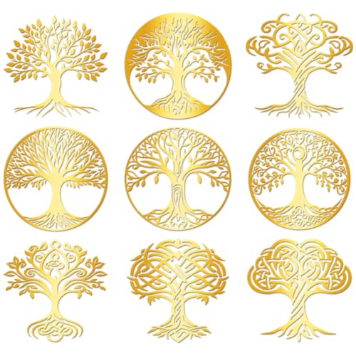 9Pcs Golden Self Adhesive Stickers 4cmx4cm Tree of Life Metal Decal Golden Tree Waterproof Decorate Sticker for Scrapbooks DIY Resin Crafts Phone Water Bottle Decoration - style: tree of life