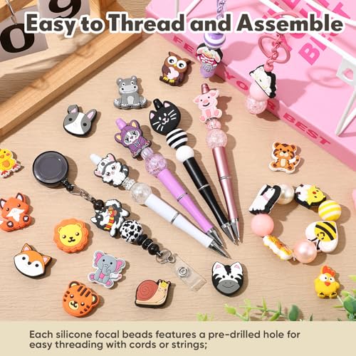 Tondiamo 60 pcs Animal Silicone Focal Beads for Pens Cute Cartoon Animal Theme Silicone Focal Bead for Beaded Pen Necklace Bracelet Charms Keychain Making Jewelry Making DIY Gifts - style: Animal