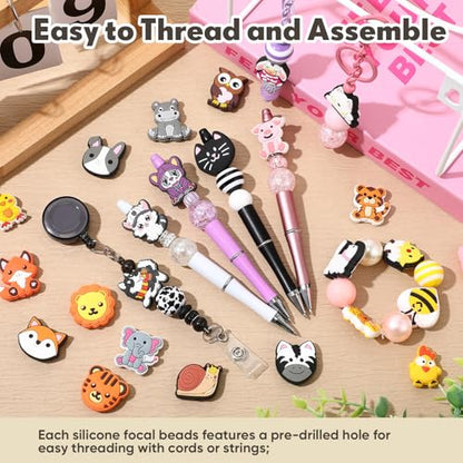 Tondiamo 60 pcs Animal Silicone Focal Beads for Pens Cute Cartoon Animal Theme Silicone Focal Bead for Beaded Pen Necklace Bracelet Charms Keychain Making Jewelry Making DIY Gifts - style: Animal