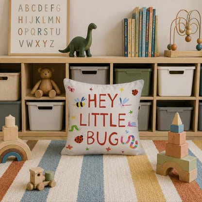 Hey Little Bug Kids Classroom Throw Pillow Cover 18x18 Inch - color: White-little Bug