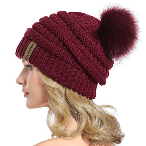 Winter Women Thick Cable Knit Ribbed Infinity Circle Loop Scarf - color: 22- Burgundy Beanie and Scarf Set