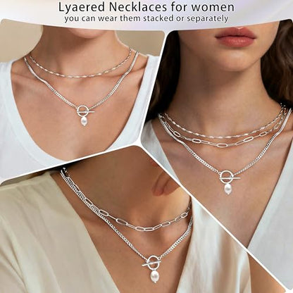 Poxtex Layered Gold Necklaces for Women, Stackable Dainty 14K Gold Silver Plated Trendy Simple Heart Diamond Cross Bow Circle Pendant Paperclip Choker Dot Chain Necklace,Jewelry Set Gifts for Women - color: Silver, style: Pearl1