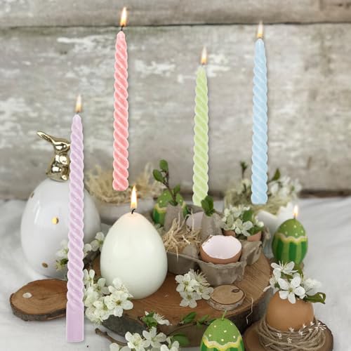 Whaline 8Pcs 10 Inch Easter Pastel Spiral Taper Candles Dripless Twisted Wax Candles Long Unscented Candle Sticks for Spring Home Party Dining Table Supplies - color: Easter