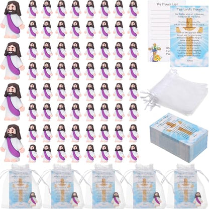 Barydat 75 Set Purple Mini Jesus Figures with Prayer Cards and Organza Bags - color: Purple