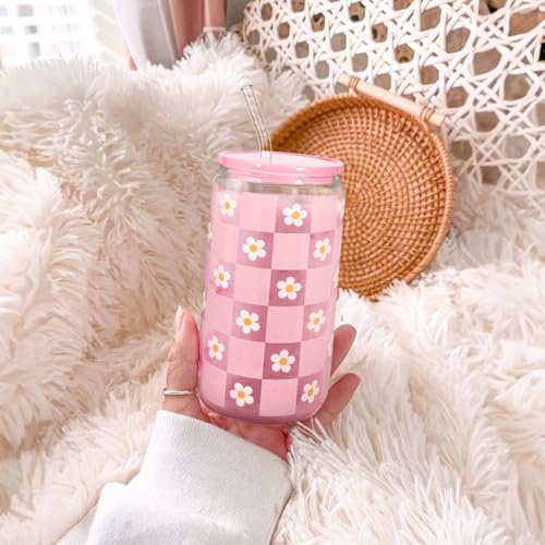SANDJEST Checkerboard Daisies Glass Can, Floral Checker Cup with Lid & Straw, Iced Coffee Aesthetic Cups, Gift for Christmas Birthday Mother Day, Gifts for Women, 16oz - color: Checker Daisy