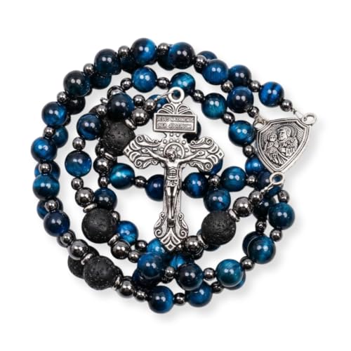 Nazareth Store Blue Tiger Eye Rosary Beads, Handmade Catholic Rosary Necklace with Lava Stone Beads and Our Father Crucifix, Five Decade Prayer Rosary, Religious Gift - style: St. Joseph