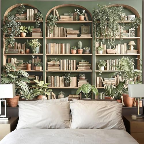 Accnicc Sage Green Plant Bookshelf Tapestry Botanical Bookshelf Tapestries Wall Hanging Vintage Potted Plants Library Backdrop Large Tapestry for Bedroom Living Room Dorm 80 x 60 inch - color: Sage Green, size: 80"L x 60"W