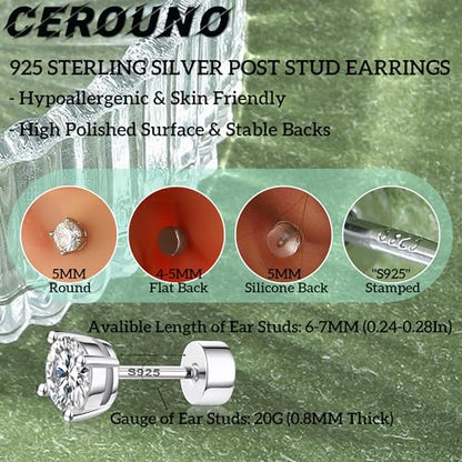 CEROUNO Flat Back Stud Earrings - 925 Sterling Silver Post Flatback Earrings Gold Silver Cubic Zirconia Earrings Studs for Women - color: Silver CZ