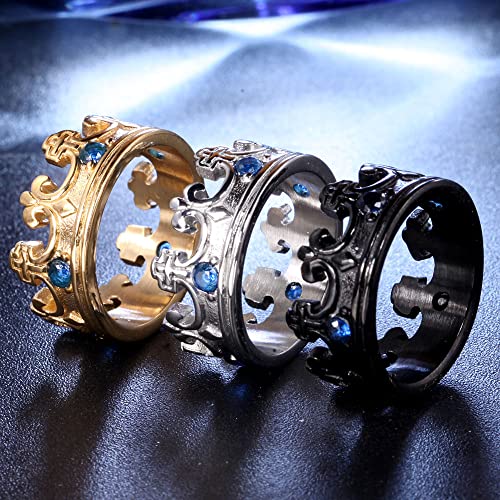 Mens Womens Stainless Steel Vintage Royal King Crown Ring Cross Band Ruby Black Gemstone - color: Black, blue cz