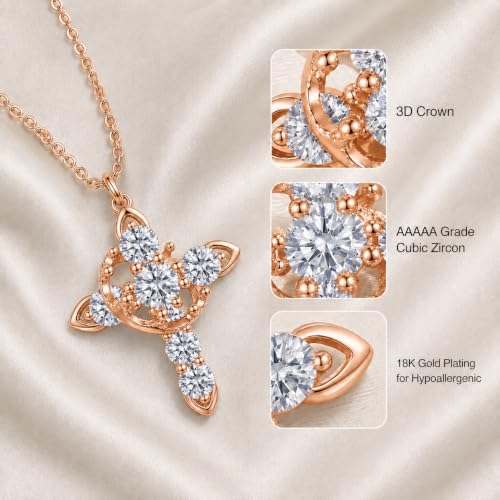 Cross Necklace 18k Gold Plated Christian Faith Jewelry Gift for Women - color: Crown-Rose Gold