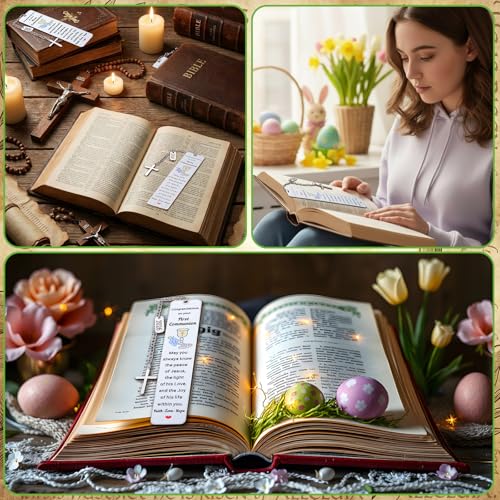 Gueevin 12 Pcs Metal First Communion Gifts 1st Favors Bible Verse Bookmarks with Cross Tassels Christian Religious Bookmarks Bulk with Scripture for Him or Her Book Lover Gift(First Communion) - style: First Communion