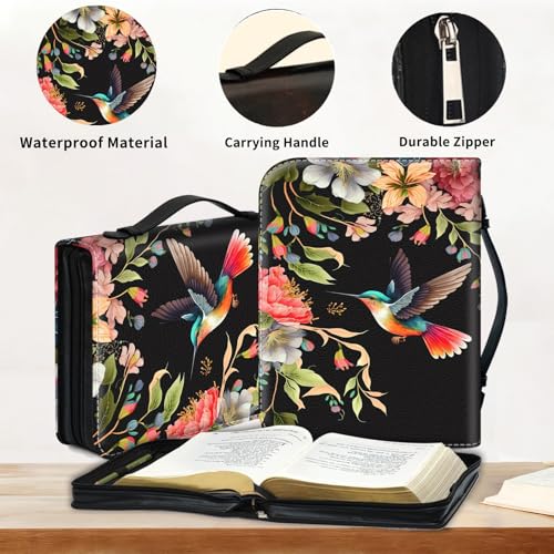 Bible Cover for Women Large PU Leather Zippered Bible Case with Handle and Flower Hummingbird Design, Christian Bible Cover for Girls & Women, Cover Fits Standard 9.5"x7.5"x2.3" Bible - color: Flower Hummingbird