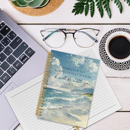 Ocean Christian Spiral Notebook, Coastal Bible Journaling Notebooks for Women Men, Religious Beach Hardcover Journals for Office 160 Pages 5.5 x 8.3 Inch, Scripture Gifts for Women Faith - color: Scenery03