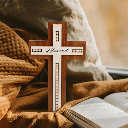 BONNY DODO Christian Wood Cross Wall Decor - Retro Blessed Rustic Wooden Wall Hanging Art, Home Sculpture with wood beads Home Decer (Wooden bead style)