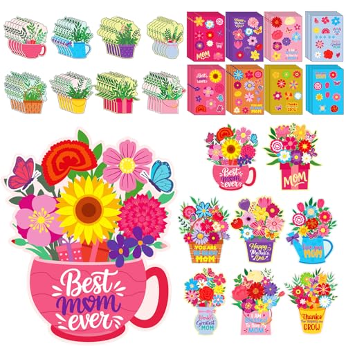 Frienda 48 Set Mother's Day Craft Kit Happy Mother's Day Flowers DIY Paper Crafts Make Your Own Flower Pot Hanging Ornaments with Floral Stickers Thankful Gift for Mom Lady Classroom DIY Art Activity - style: Flower