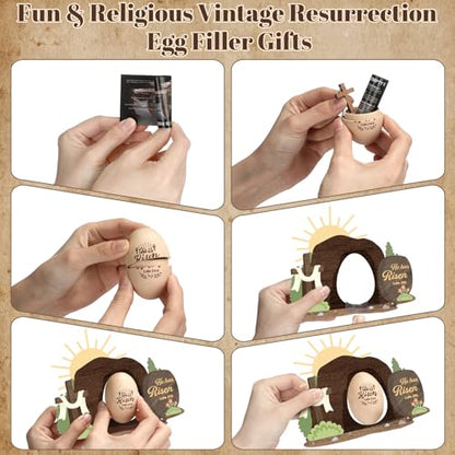 6 Set/24 Pcs Easter Christian Egg Easter Basket Stuffer Wooden Egg Easters Empty Tomb with Prayer Card Religious He is Risen Decoration Table Centerpiece Gift for Church Home Tiered Tray