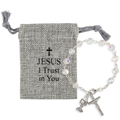 Needzo My First Holy Communion Gift Set for Girls, Glass Bead Rosary Bracelet with Gray Burlap Pouch, Religious Keepsakes for Daughters, 3 x 4 Inch Bag