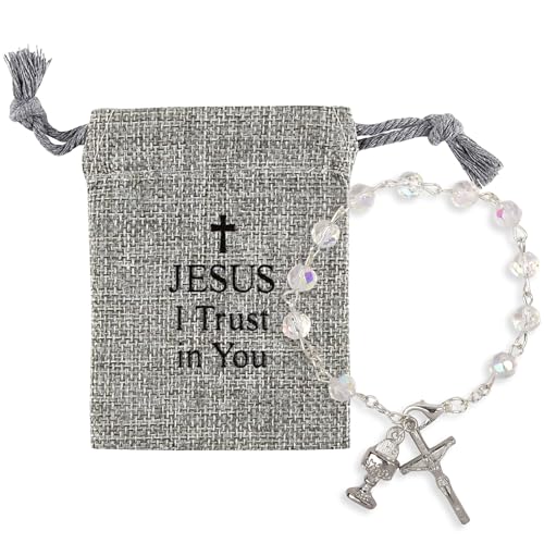 Needzo My First Holy Communion Gift Set for Girls, Glass Bead Rosary Bracelet with Gray Burlap Pouch, Religious Keepsakes for Daughters, 3 x 4 Inch Bag